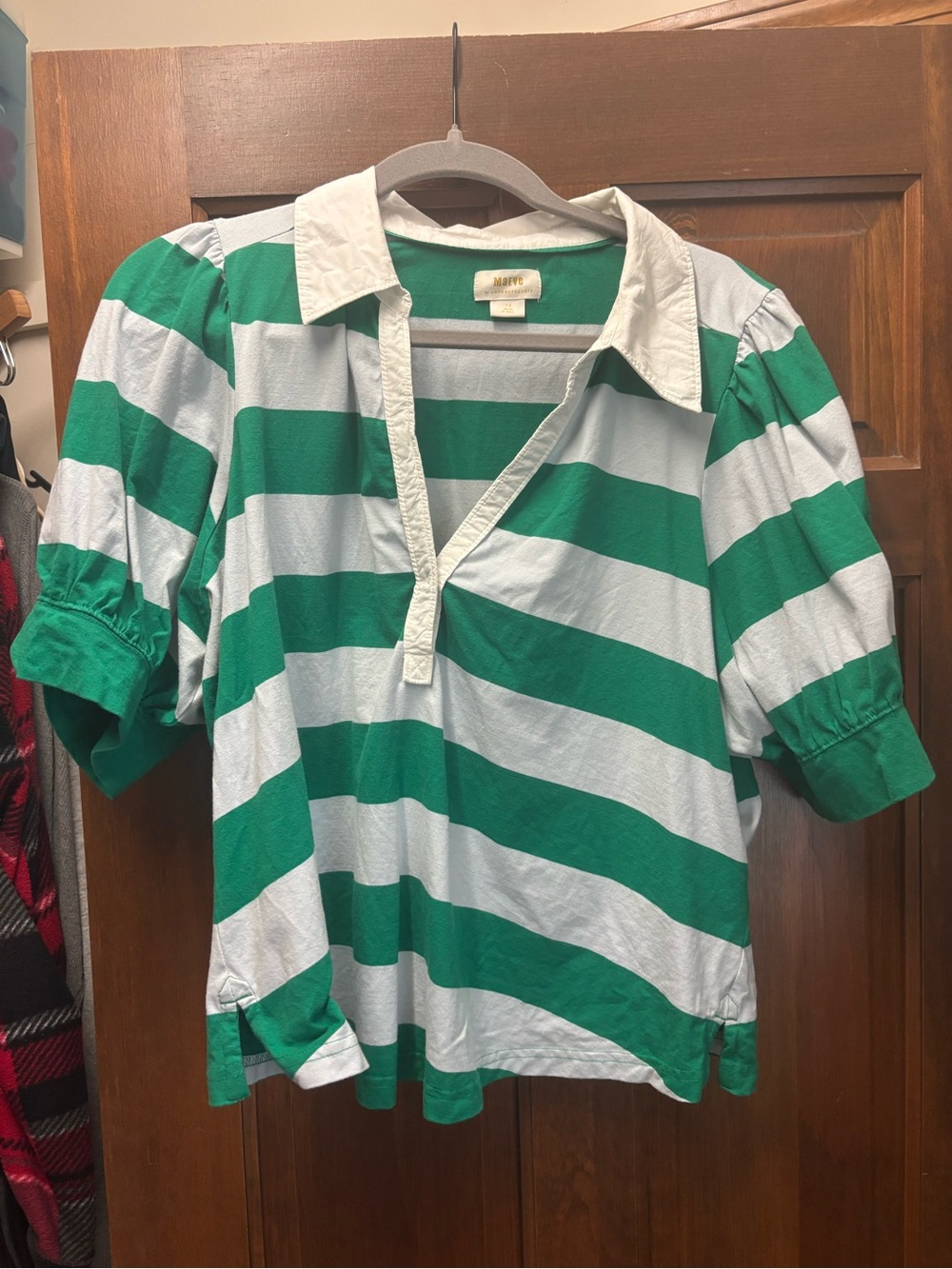 Anthropologie Maeve Green Striped Puff-Sleeve Rugby Top